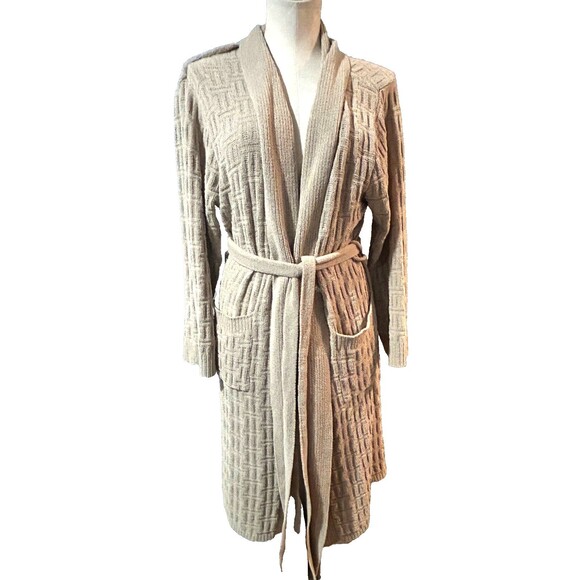 Natori Women’s Long Belted Cardigan Robe size M Chenille Beige Soft Cozy - Picture 1 of 6